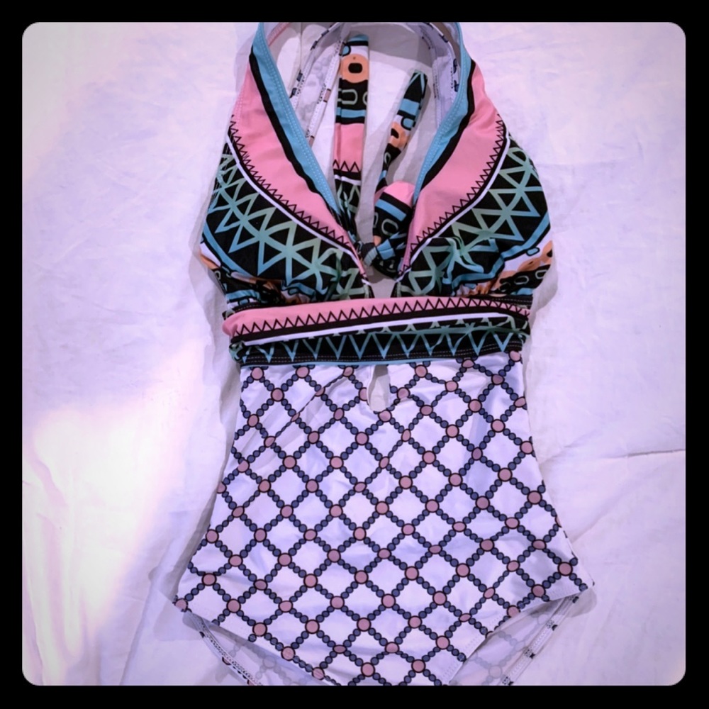 Multicolor Cut Out One Piece Halter Swimsuit
